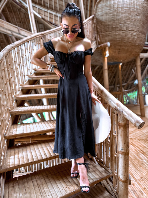Dress with a knot in the chest area "AMORE" - BLACK